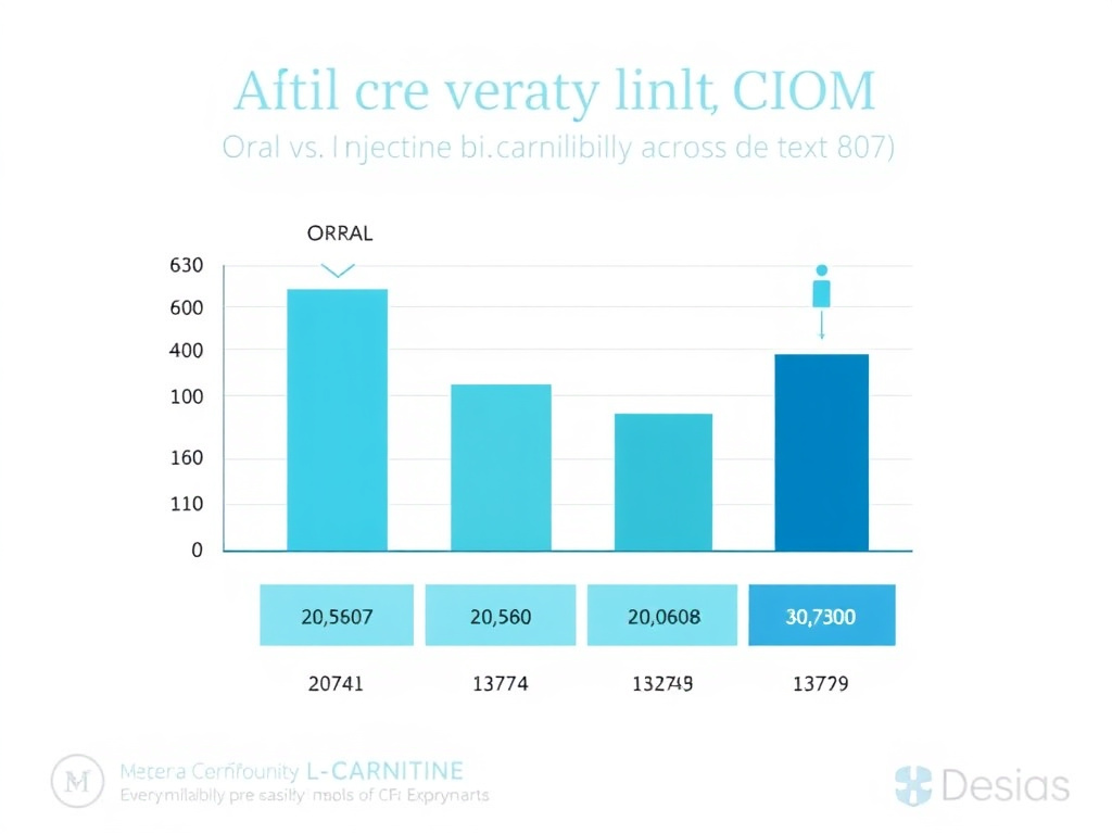 Bar chart comparing oral vs injectable L-carnitine bioavailability across different doses