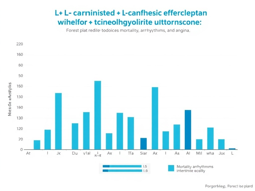 Forest plot showing meta-analysis results of L-carnitine effects on cardiovascular outcomes including mortality, arrhythmias, and angina