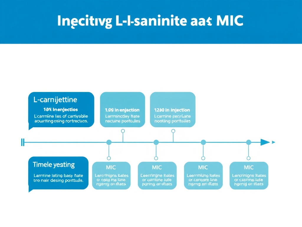 Timeline showing typical injectable L-carnitine and MIC injection dosing protocols over a 16-week period