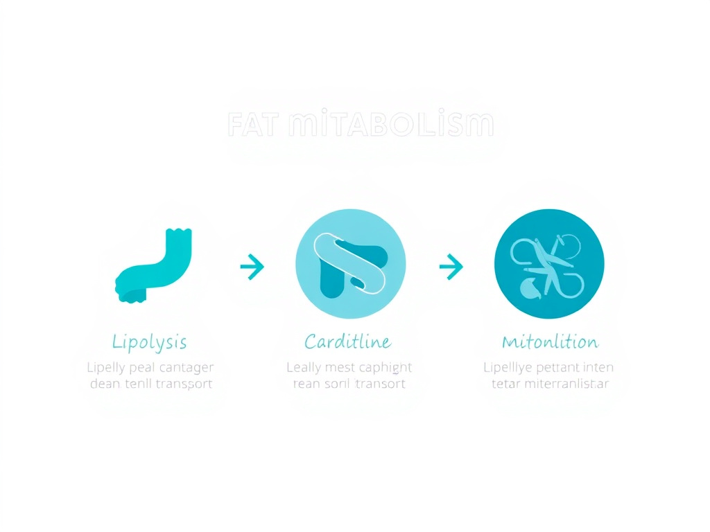 Three-step fat metabolism pathway showing lipolysis, carnitine-dependent transport, and beta-oxidation in mitochondria