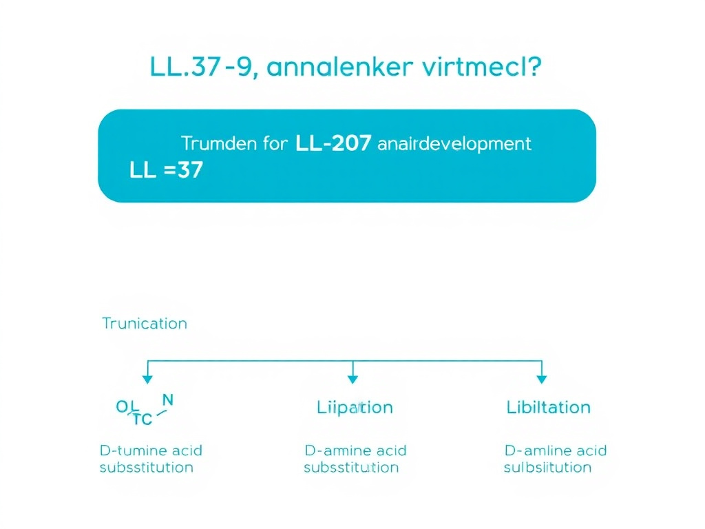 Diagram showing LL-37 analog development strategies including truncation, D-amino acid substitution, and lipidation