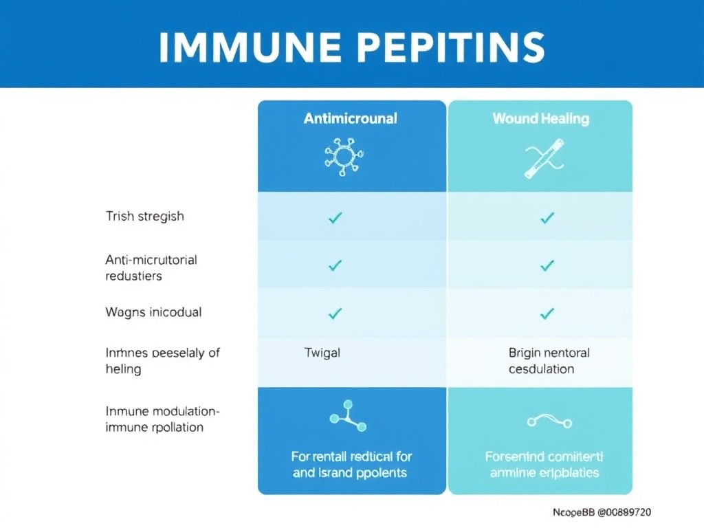 Comparison chart of immune peptides showing relative strengths across antimicrobial, wound healing, and immune modulation categories