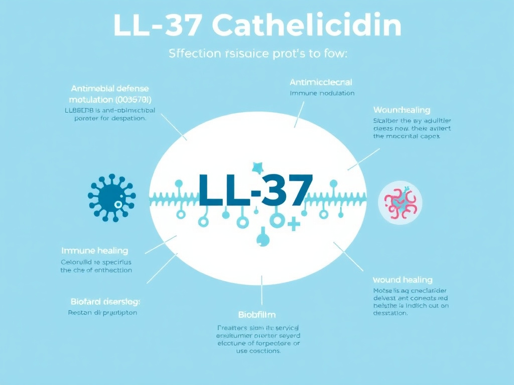Overview diagram of LL-37 cathelicidin showing its roles in antimicrobial defense, immune modulation, wound healing, and biofilm disruption