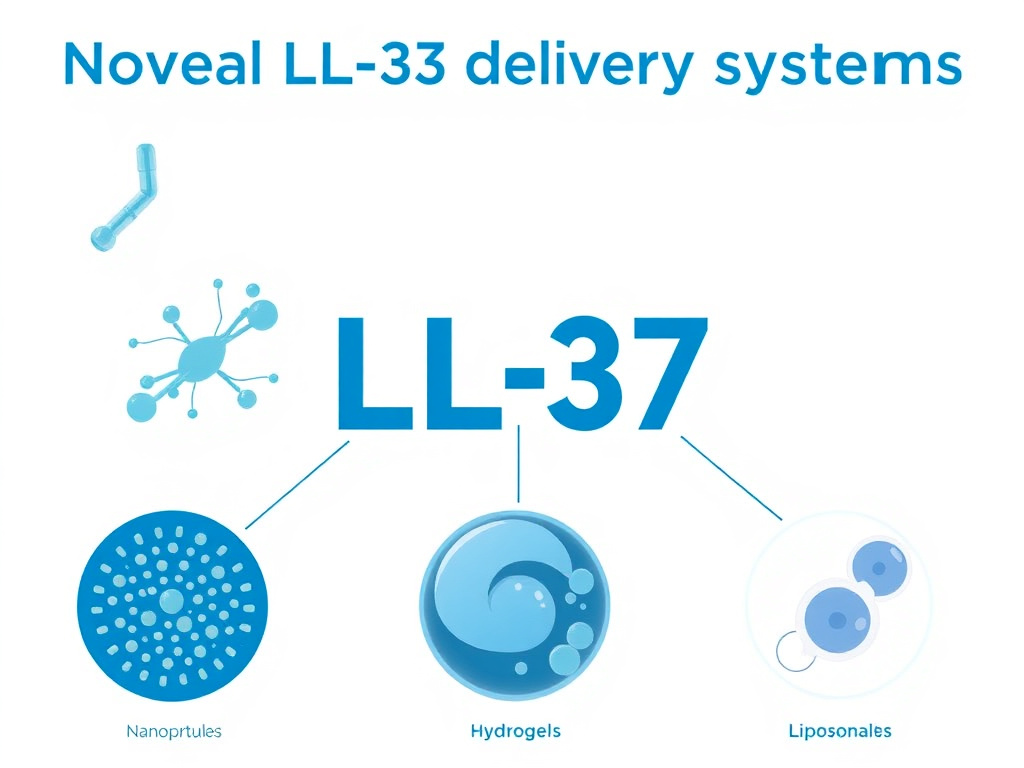 Illustration of novel LL-37 delivery systems including nanoparticles, hydrogels, and liposomal carriers