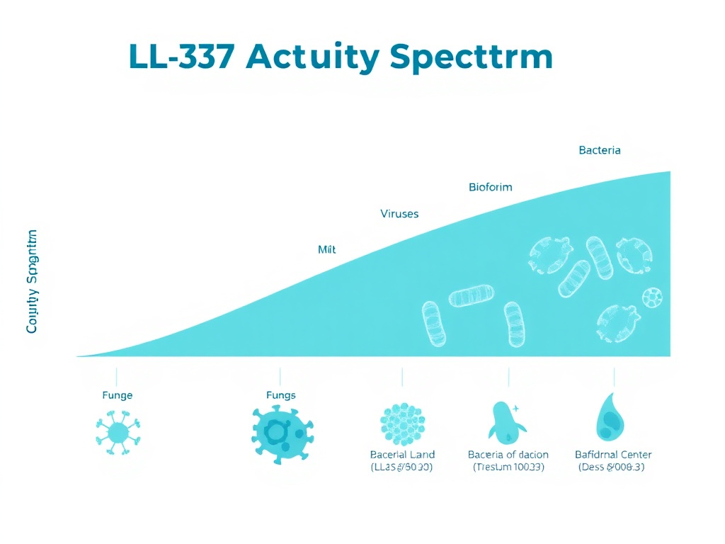 Diagram showing LL-37 activity spectrum across bacteria, viruses, fungi, and biofilms
