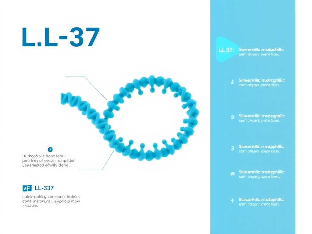 Molecular structure of LL-37 showing alpha-helical conformation with hydrophobic and hydrophilic faces