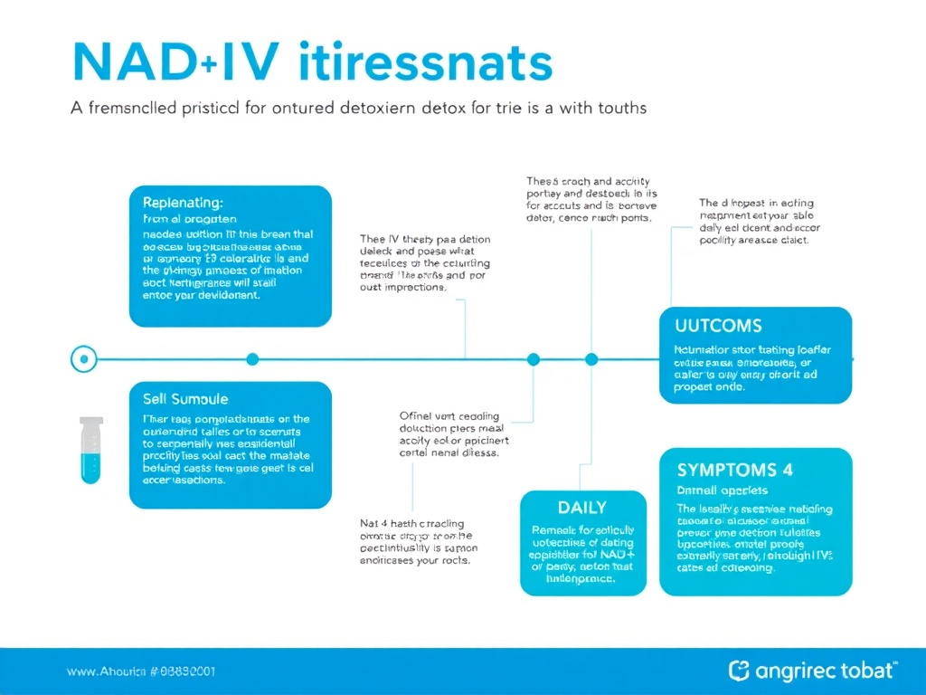 Clinical timeline showing NAD+ IV therapy protocol for addiction detoxification with daily infusion schedule, symptom tracking, and outcomes