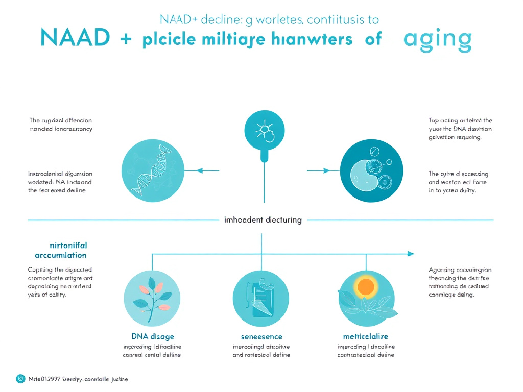 Diagram showing how NAD+ decline contributes to multiple hallmarks of aging including mitochondrial dysfunction, DNA damage accumulation, cellular senescence, and metabolic decline