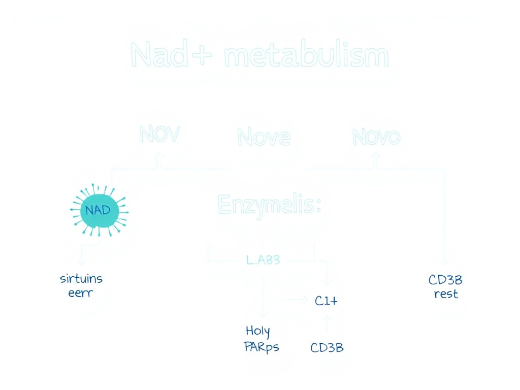 NAD+ metabolism diagram showing the salvage pathway, de novo synthesis, and major consuming enzymes including sirtuins, PARPs, and CD38