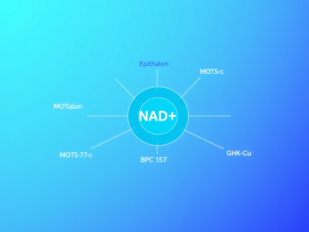 Diagram showing the intersecting cellular pathways of NAD+ with complementary peptides including Epithalon, MOTS-c, BPC-157, and GHK-Cu