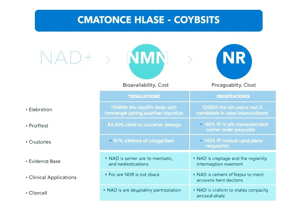 Comprehensive comparison chart of NAD+ versus NMN versus NR across bioavailability, cost, evidence base, and clinical applications