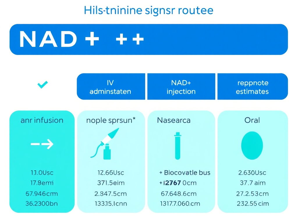 Overview of NAD+ administration routes comparing IV infusion, subcutaneous injection, nasal spray, and oral supplementation with relative bioavailability estimates
