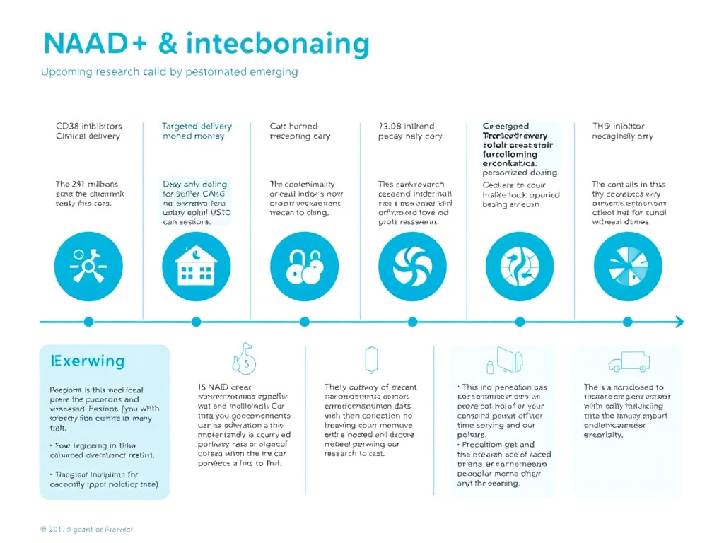 Timeline of upcoming NAD+ clinical trials and emerging research areas including CD38 inhibitors, targeted delivery, and personalized dosing