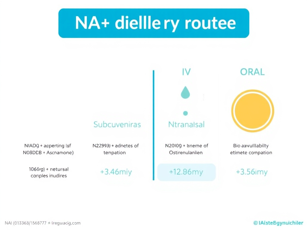 Side-by-side comparison of NAD+ delivery routes showing IV, subcutaneous, intranasal, and oral with absorption timelines and bioavailability estimates
