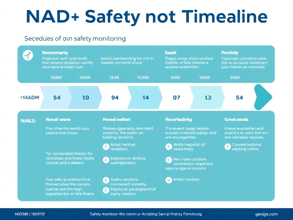 Safety monitoring timeline for NAD+ therapy showing recommended blood work schedule and key parameters to track