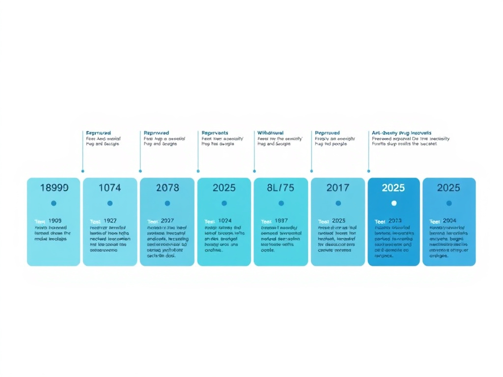 Timeline of anti-obesity drug development from 1890s through 2025 showing key approvals, withdrawals, and the GLP-1 era