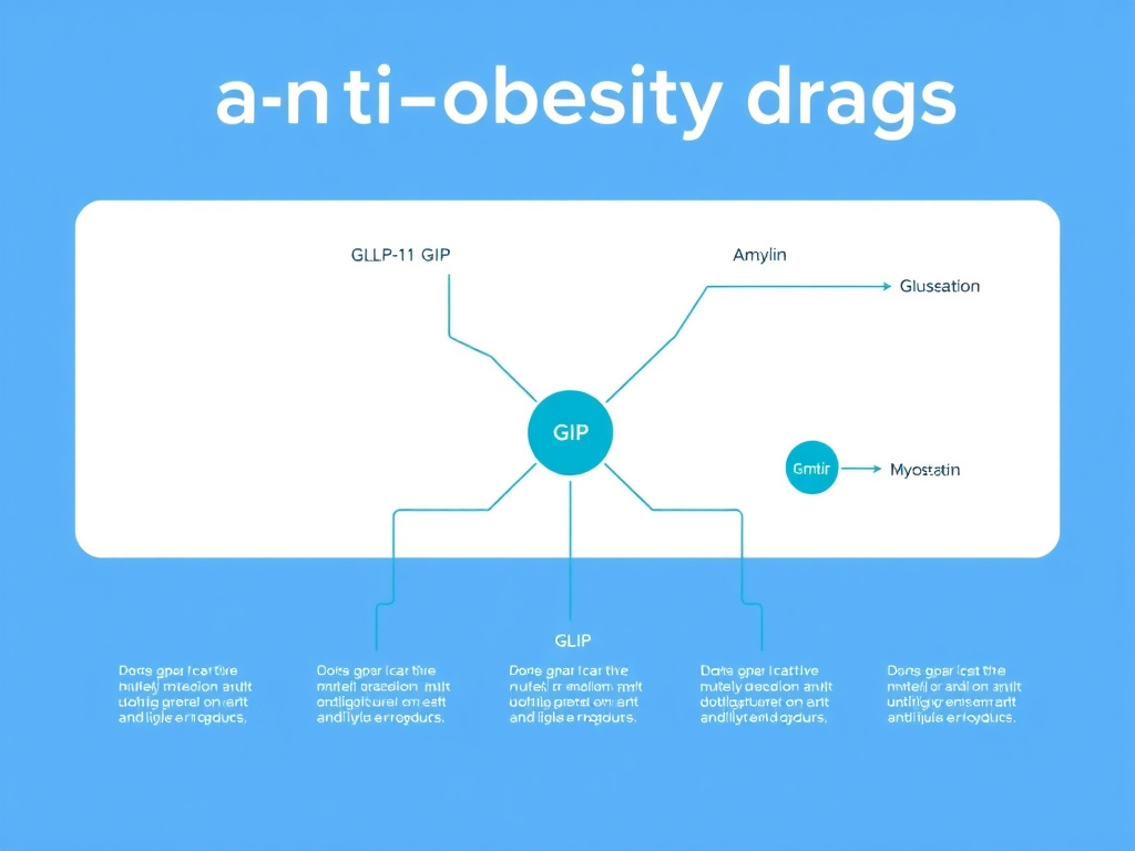 Diagram showing the different molecular mechanisms of anti-obesity drugs including GLP-1, GIP, glucagon, amylin, and myostatin pathways
