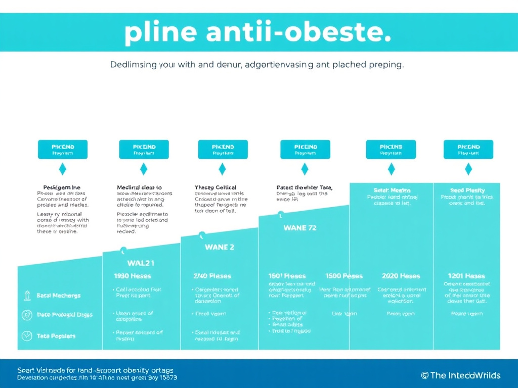 Infographic showing all major pipeline anti-obesity drugs with their mechanisms, development phases, and projected timelines