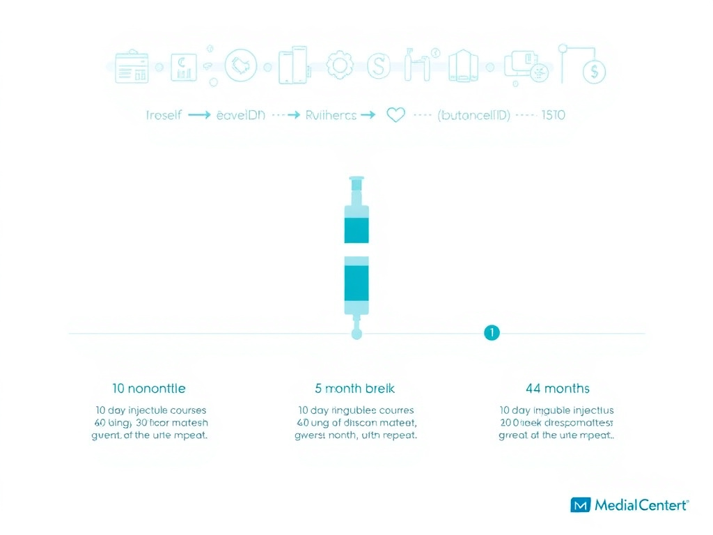 Timeline showing typical bioregulator dosing cycle: 10-day injectable course followed by 4-6 month break, then repeat