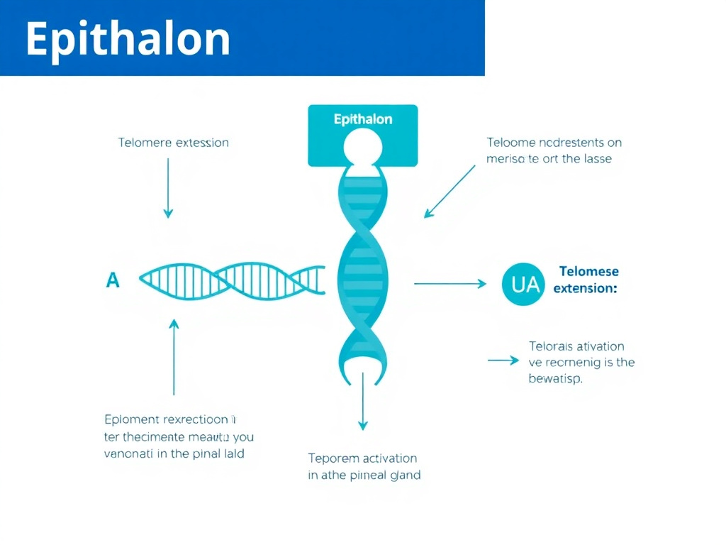 Diagram showing Epithalon's mechanism of action on telomere extension through telomerase activation in the pineal gland
