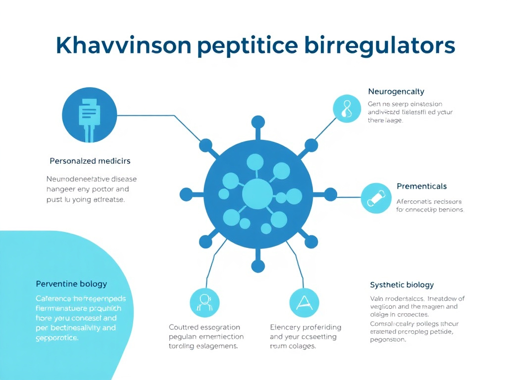 Infographic showing emerging research directions for Khavinson peptide bioregulators including personalized medicine, neurodegenerative disease prevention, and synthetic biology approaches