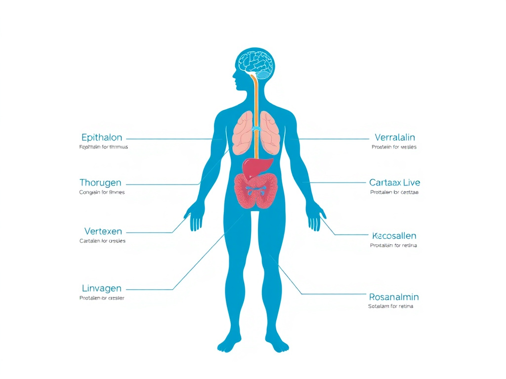 Body map showing organ-specific targeting of Khavinson bioregulators: Epithalon for pineal, Thymalin for thymus, Cortexin for brain, Vesugen for vessels, Cartalax for cartilage, Livagen for liver, Prostatilen for prostate, Retinalamin for retina
