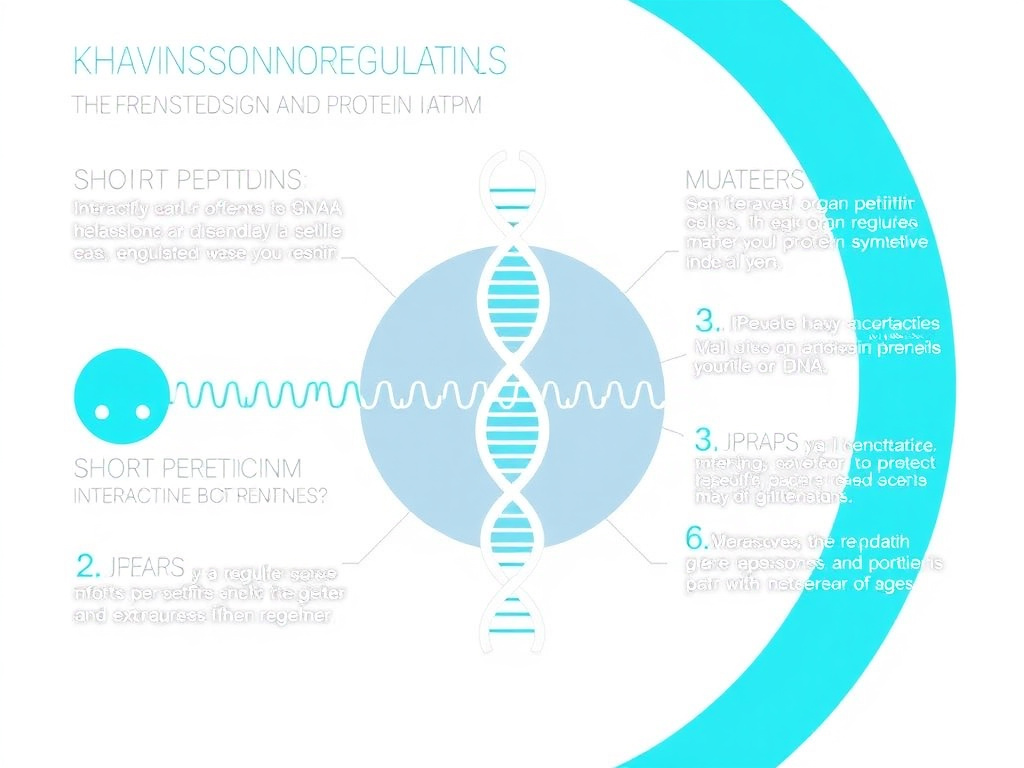 Overview diagram showing Khavinson's bioregulation theory - short peptides interact with DNA in organ-specific cells to regulate gene expression and protein synthesis