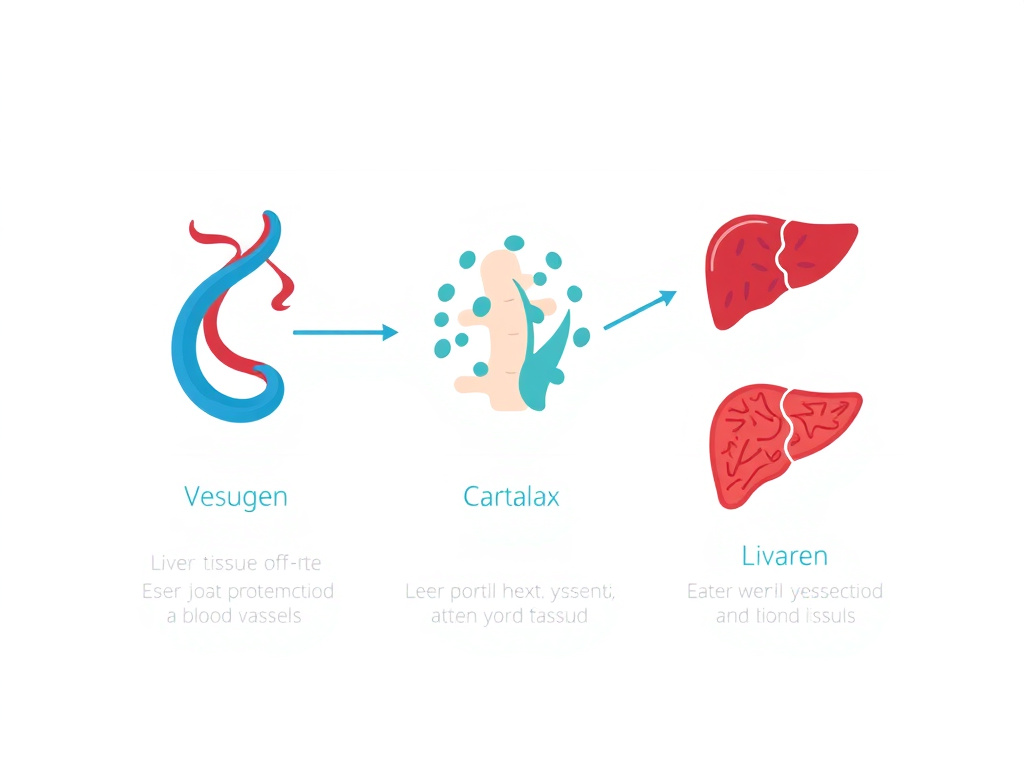 Detailed diagram showing mechanisms of action for Vesugen in blood vessels, Cartalax in cartilage, and Livagen in liver tissue