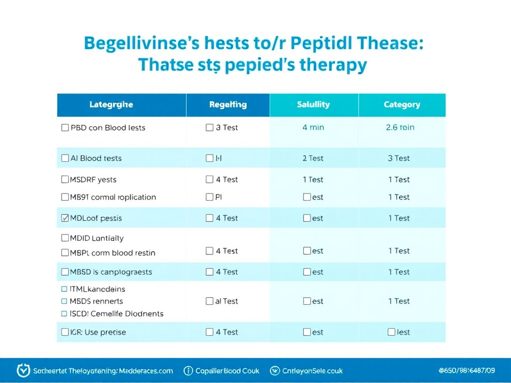 Checklist showing all recommended baseline blood tests before starting peptide therapy, organized by category