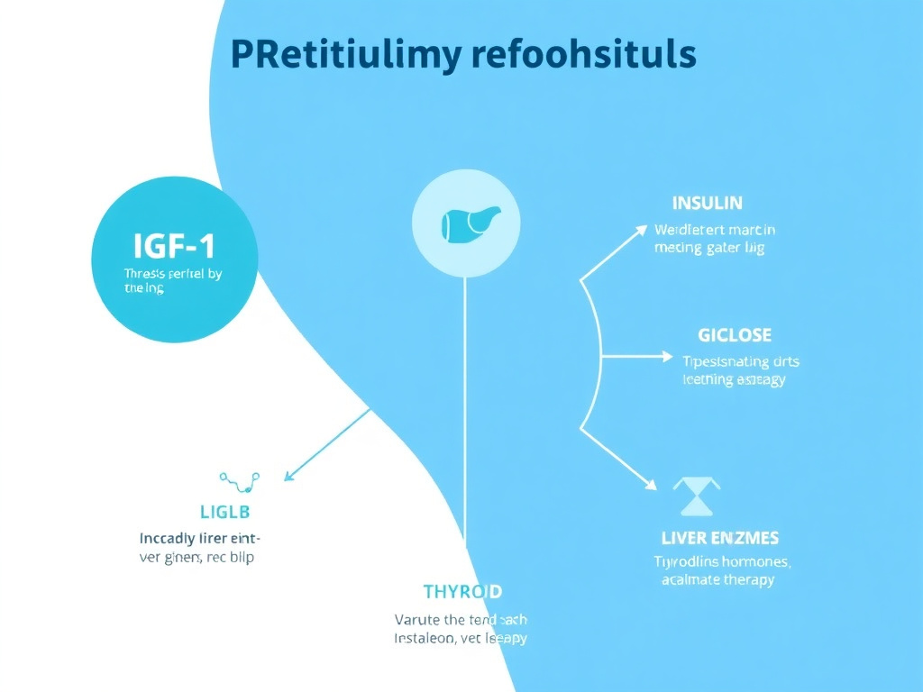 Diagram showing the biological relationships between key peptide therapy biomarkers including IGF-1, insulin, glucose, liver enzymes, and thyroid hormones