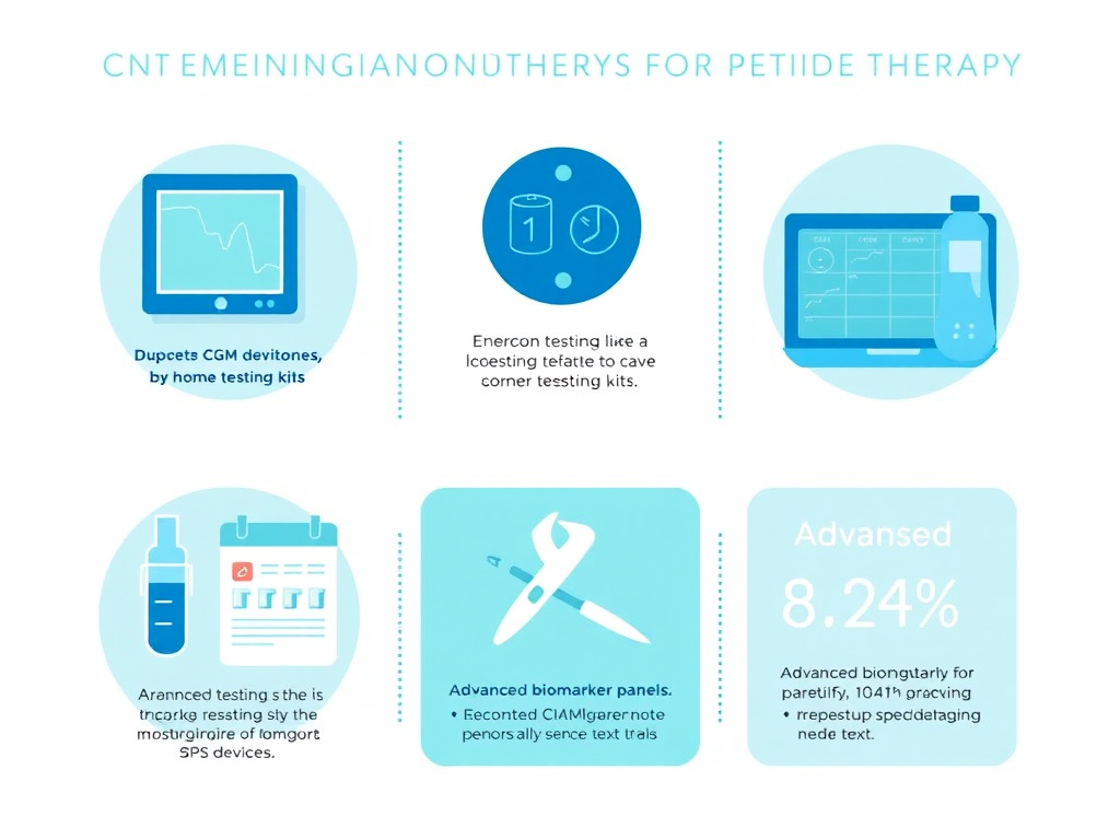 Illustration of emerging monitoring technologies for peptide therapy including CGM devices, at-home testing kits, and advanced biomarker panels