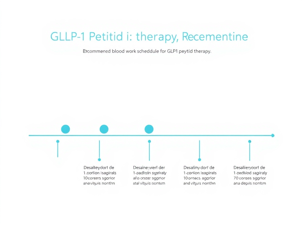 Timeline showing recommended blood work schedule for GLP-1 peptide therapy from baseline through 12 months