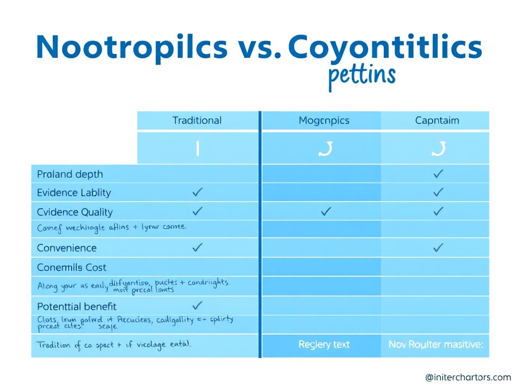 Comparison chart showing traditional nootropics versus cognitive peptides across dimensions of mechanism depth, evidence quality, convenience, cost, and potential benefit magnitude