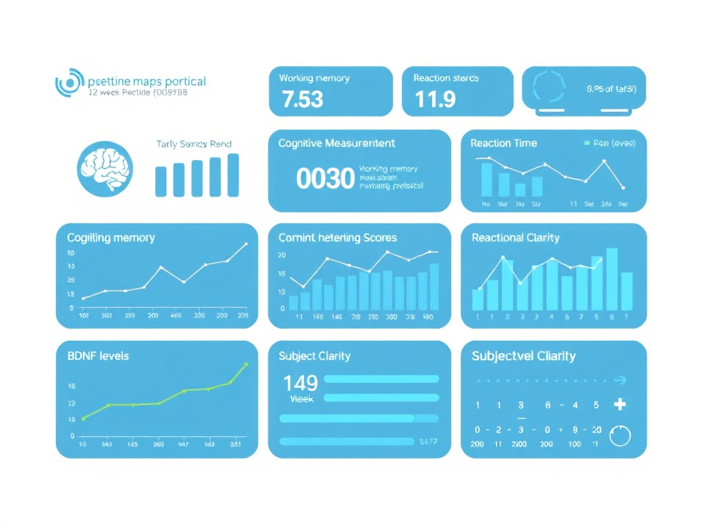 Dashboard showing cognitive measurement metrics including working memory scores, reaction time trends, BDNF levels, and subjective clarity ratings over a 12-week peptide protocol