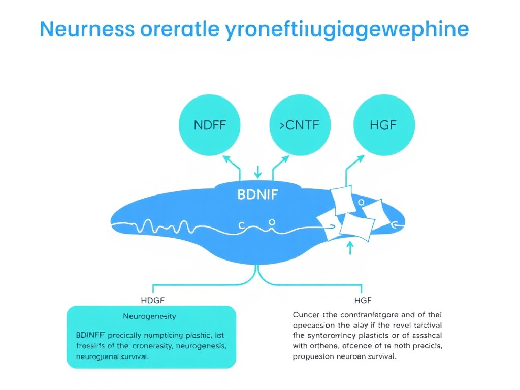 Diagram showing BDNF, NGF, CNTF, and HGF neurotrophic signaling pathways and their roles in synaptic plasticity, neurogenesis, and neuronal survival