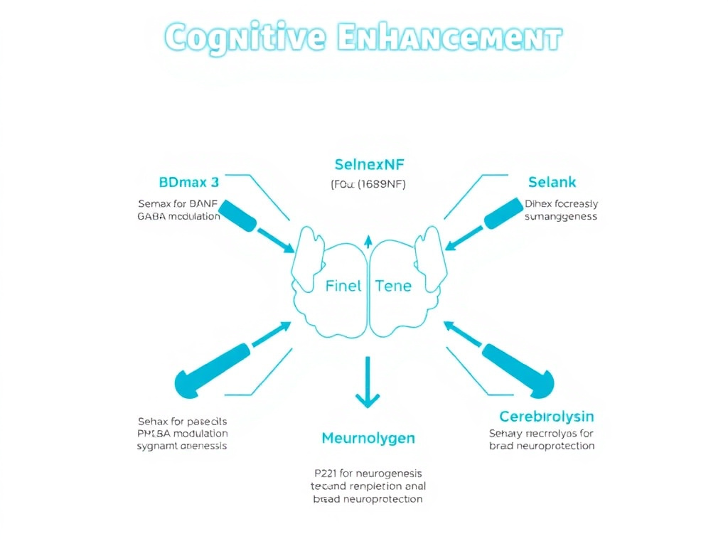 Diagram showing the five cognitive enhancement peptides and their primary mechanisms: Semax for BDNF, Selank for GABA modulation, Dihexa for synaptogenesis, P21 for neurogenesis, and Cerebrolysin for broad neuroprotection