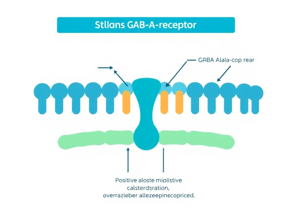 Illustration of Selank's mechanism at the GABA-A receptor showing positive allosteric modulation compared to benzodiazepine binding