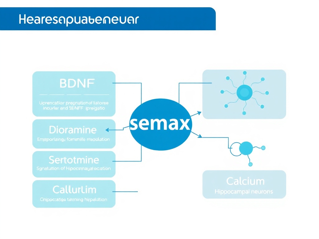 Diagram showing Semax mechanism of action including BDNF upregulation, dopamine modulation, serotonin activation, and calcium signaling in hippocampal neurons