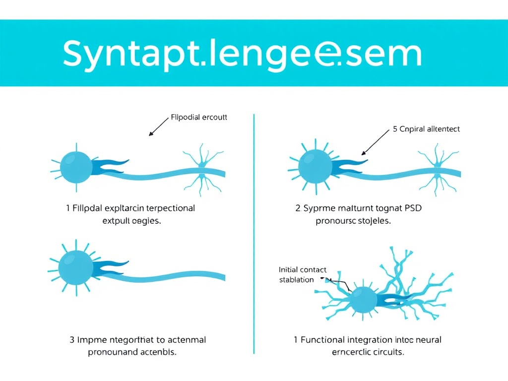 Four-step illustration of synaptogenesis showing filopodial exploration, initial contact and stabilization, synapse maturation with PSD assembly, and functional integration into neural circuits
