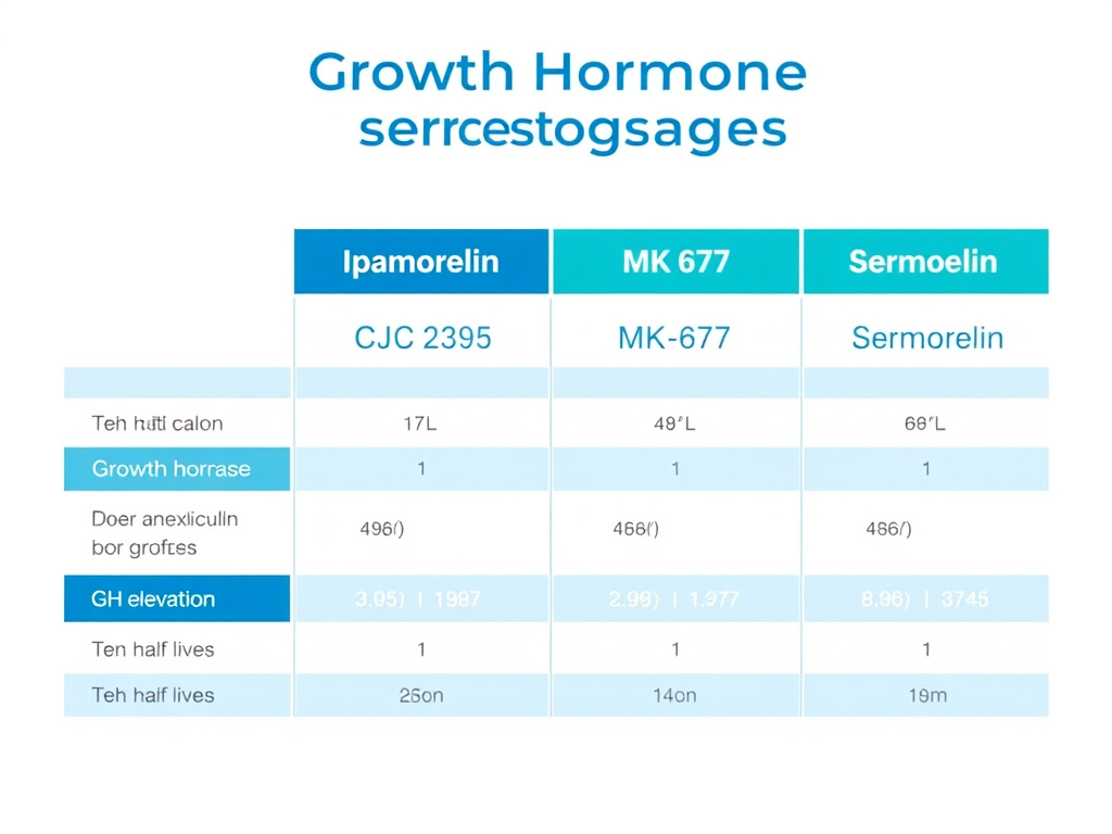 Comparison chart showing the mechanisms, half-lives, and key characteristics of CJC-1295, Ipamorelin, MK-677, and Sermorelin
