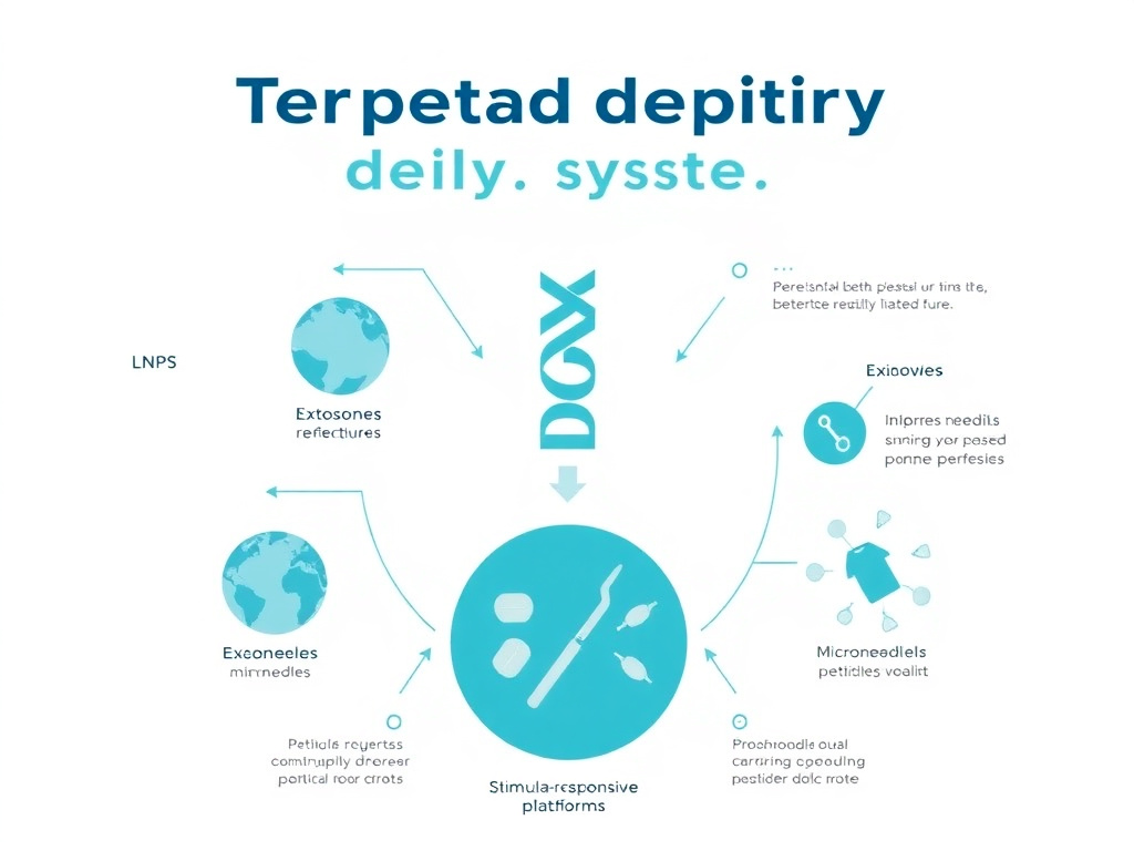 Overview of targeted peptide delivery systems including LNPs, exosomes, microneedles, and stimuli-responsive platforms