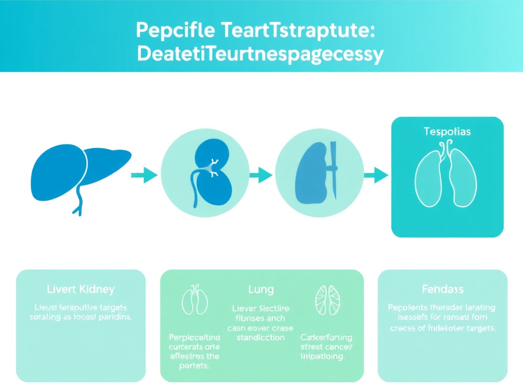 Diagram showing peptide therapeutic targets across liver, kidney, lung, and cardiac fibrosis pathways