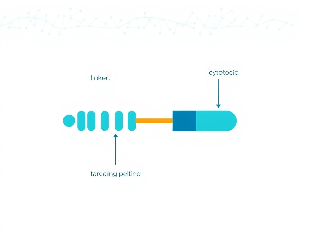 Diagram illustrating peptide-drug conjugate mechanism of action showing targeting peptide, linker, and cytotoxic payload