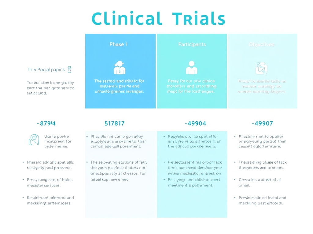 Infographic showing the four phases of clinical trials from Phase 1 safety studies through Phase 4 post-marketing surveillance with participant numbers and objectives