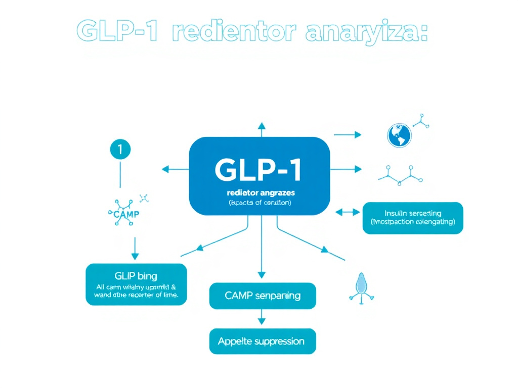 Diagram showing GLP-1 receptor agonist mechanism of action including receptor binding, cAMP signaling, insulin secretion, and appetite suppression pathways