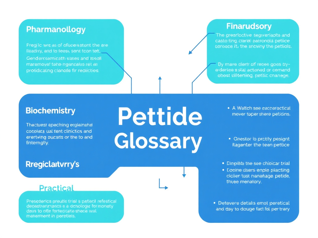 Visual overview of peptide glossary categories showing pharmacology, biochemistry, clinical trials, regulatory, and practical terms
