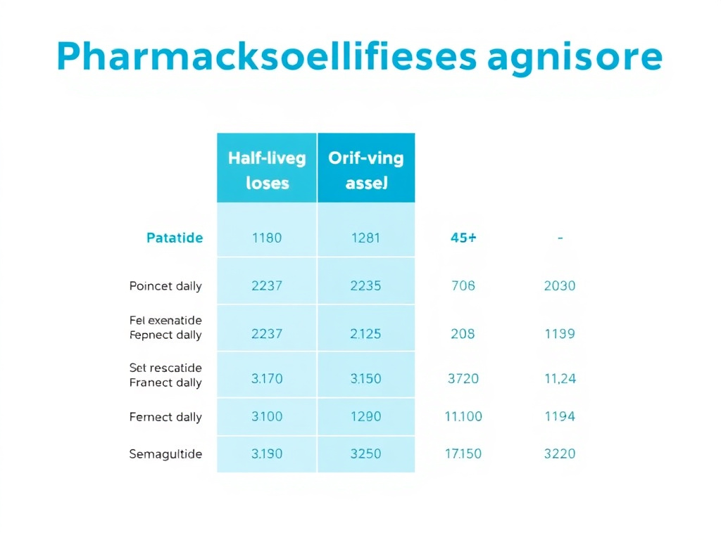 Pharmacokinetic comparison chart showing half-lives and dosing frequencies of major GLP-1 receptor agonists from exenatide twice daily to semaglutide once weekly