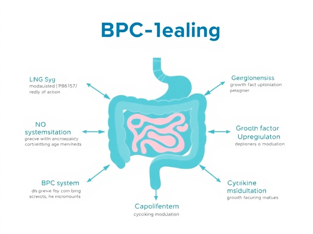 Diagram showing BPC-157 mechanisms of action in gut healing including NO system modulation, angiogenesis, growth factor upregulation, and cytokine modulation