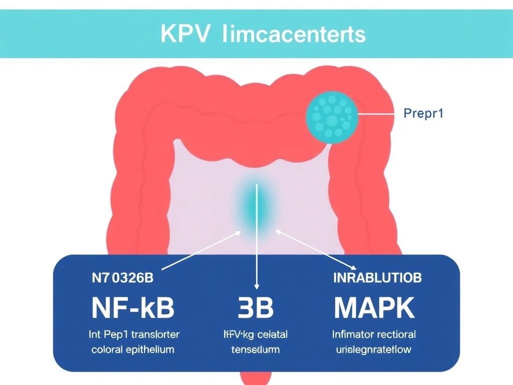 Illustration showing KPV uptake through PepT1 transporter in inflamed colonic epithelium, with intracellular inhibition of NF-kB and MAPK signaling pathways