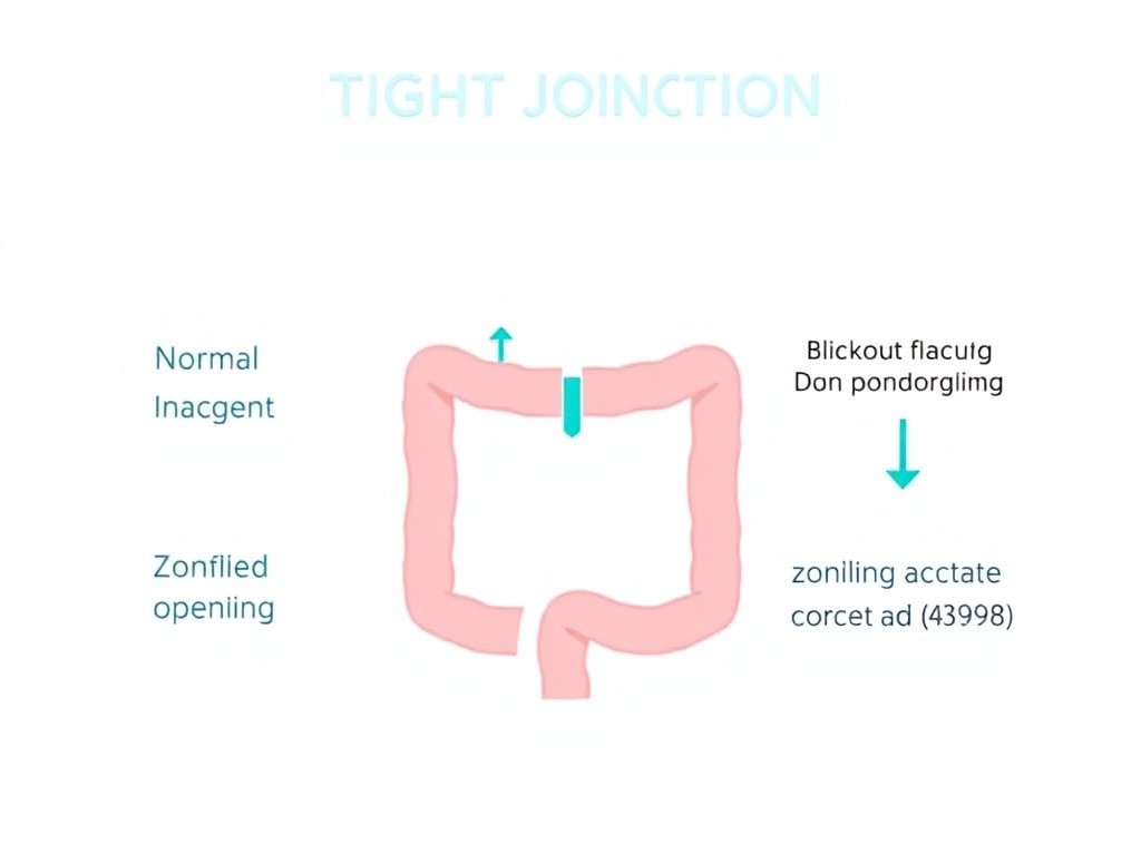 Diagram comparing normal tight junction function, zonulin-mediated opening in celiac disease, and larazotide acetate blocking zonulin binding to restore barrier integrity